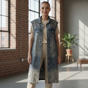 Women's Long Denim Vest with Pearl & Rhinestone Accents
